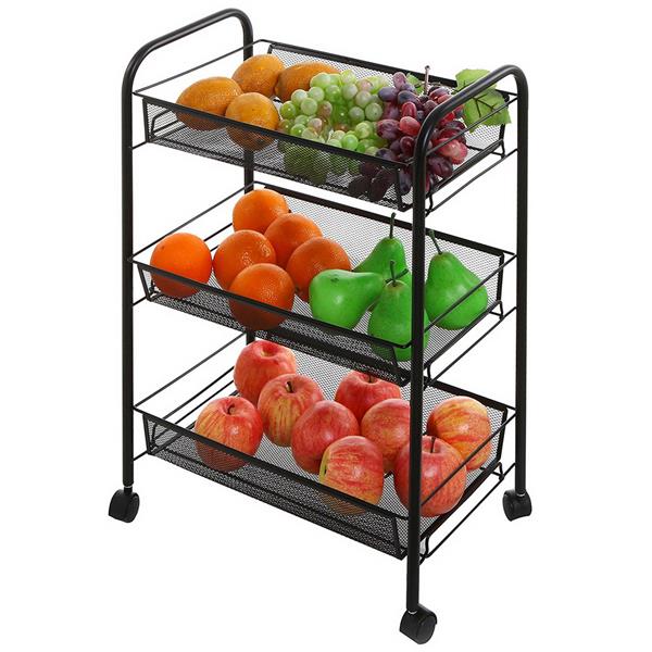 3 Tiers Mesh Shelf Storage Rack Rolling Wheels Kitchen Living Room Metal IronTrolley Cart